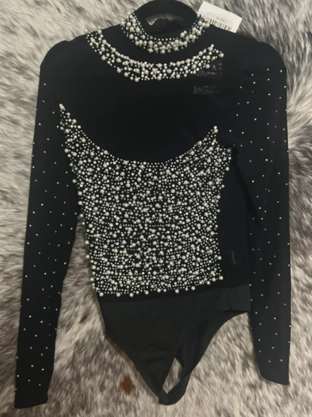 Pearl and rhinestone mesh bodysuit